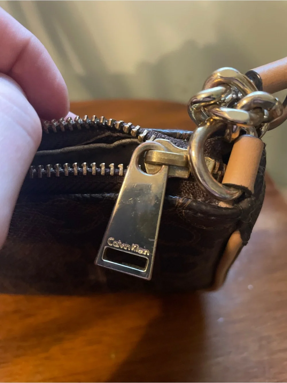 Calvin Klein Black Monogram Wristlet with Tan Trim